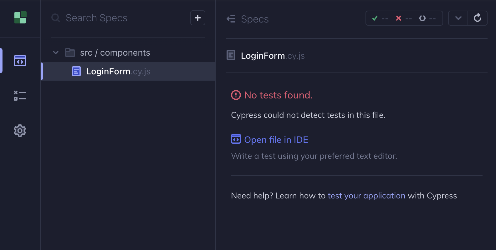 Cypress app with no tests message